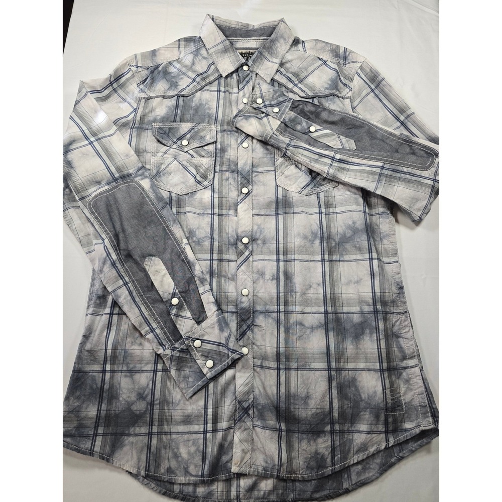 BKE Vintage Mens Athletic Fit Western Snap Plaid Acid Wash Grey Shirt